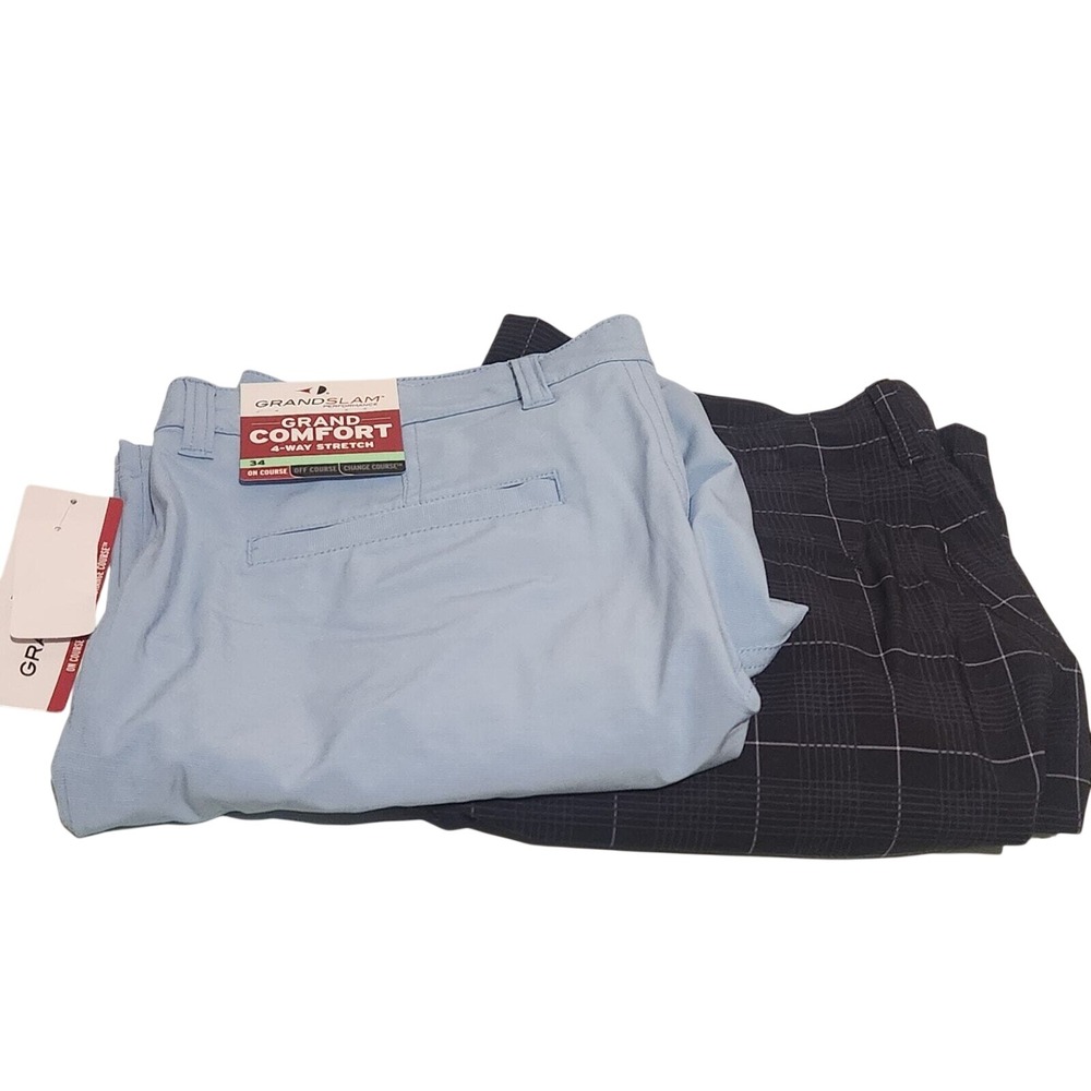 Grand Slam Mens Performance Golf Shorts 34 Blue & Plaid Stretch Active Waistband